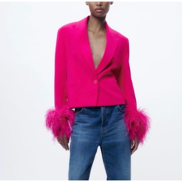 Zara Jackets & Blazers - Zara Feather Cuff Blazer Fuschia Avant Garde Women's Oversized XS Barbie NWOT